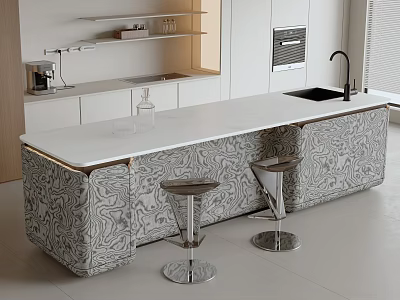 Modern Kitchen Interior With White Countertop Island Textured Base And Bar Stools 3d model