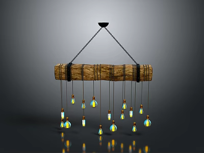 Brown Wooden Beam Hanging Decoration With Black Straps And Colorful Blue Yellow Pendant Lights 3d model