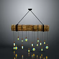 Brown Wooden Beam Hanging Decoration With Black Straps And Colorful Blue Yellow Pendant Lights