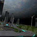 Cartoon Scene of Futuristic Building in Green Forest with Solar Panels and Wind Turbines