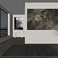 Modern Interior With Large Windows Wall Art Moon Tree Branches Gray Rug White Vase