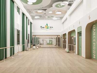 School Dance Room With Green Curtains Wooden Floor Mirrors And Ceiling Lights 3d model