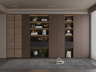 Modern Bookcase Interior Design With Open Shelves Warm Lighting Books Globe And Potted Plant 3d model
