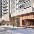 Modern Commercial Street With High Rise Buildings Greenery Outdoor Seating And People