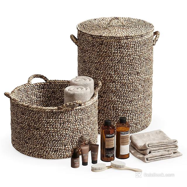 Natural Wicker Storage Baskets with Towels and Bath Products for Bathroom Essentials 3d model 