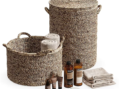 Natural Wicker Storage Baskets with Towels and Bath Products for Bathroom Essentials 3d model