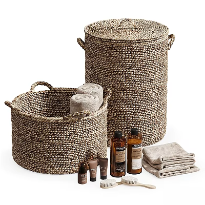 Natural Wicker Storage Baskets with Towels and Bath Products for Bathroom Essentials 3d model