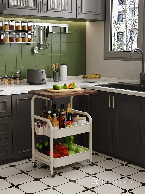Kitchen Interior With Wooden Top Cart Vegetables Condiment Bottles Green Tiles And Black Cabinets 3d model 