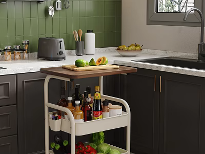 Kitchen Interior With Wooden Top Cart Vegetables Condiment Bottles Green Tiles And Black Cabinets 3d model