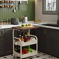 Kitchen Interior With Wooden Top Cart Vegetables Condiment Bottles Green Tiles And Black Cabinets