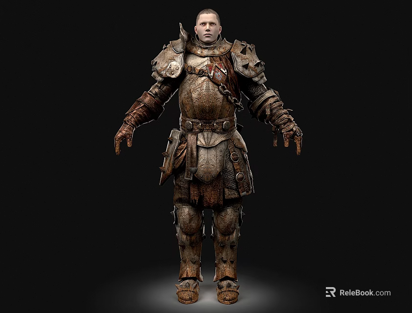 Man In Medieval Heavy Warrior Armor Suit With Metal Plates And Leather Straps 3d model 