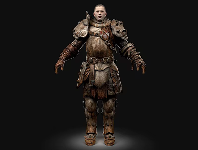 Man In Medieval Heavy Warrior Armor Suit With Metal Plates And Leather Straps 3d model
