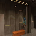 Modern Restaurant Interior With Golden Lines Red Bar Counter Booths And City View Windows