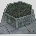 Hexagonal Stone Garden Planter With Small Green Plants On Stone Slab Platform