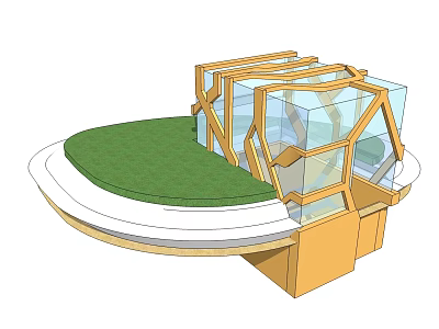 Modern Garden Landscape Design With Circular Lawn Glass Structure And Wooden Frame 3d model