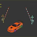 Orange Sports Car Parked Between Two Red And White Striped Barriers With Red Traffic Lights