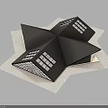 Origami Style Black Building Model With Geometric Folds And Square Glass Windows