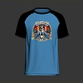 Casual T-shirt with Blue Body and Black Raglan Sleeves Featuring Vibrant Skull Graphic Design