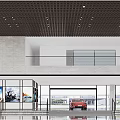 Modern Spacious Car Showroom With Glass Curtain Wall Black Sports Car Chandelier And Display Area