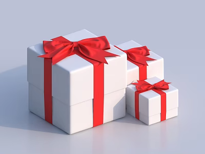 Three White Gift Boxes With Red Bows And Ribbons In Different Sizes 3d model