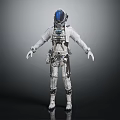 Futuristic Astronaut In White Spacesuit With Blue Helmet 3D Render Isolated On Dark Background