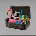 Open Brown Suitcase with Pink Flamingo Toy Straw Hat Blue Straw Colorful Cups and Shovel