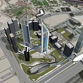 Modern High Rise Office Buildings in Urban Development With Green Areas and Roads