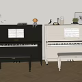 Elegant Musical Instruments And Art Supplies Display With Black White Pianos Benches And Music Sheets