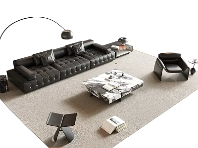 Modern Leather Sofa and Coffee Table with Marble Floor Lamp and Single Chair on Rug 3d model