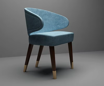 Blue Fabric Accent Chair with Curved Backrest and Dark Brown Wooden Legs with Gold Tips 3d model