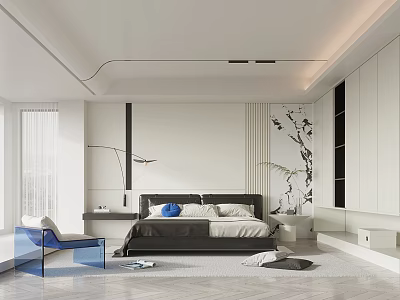 Modern Bedroom Interior Design With Dark Bed Blue Chair And Decorative Painting 3d model