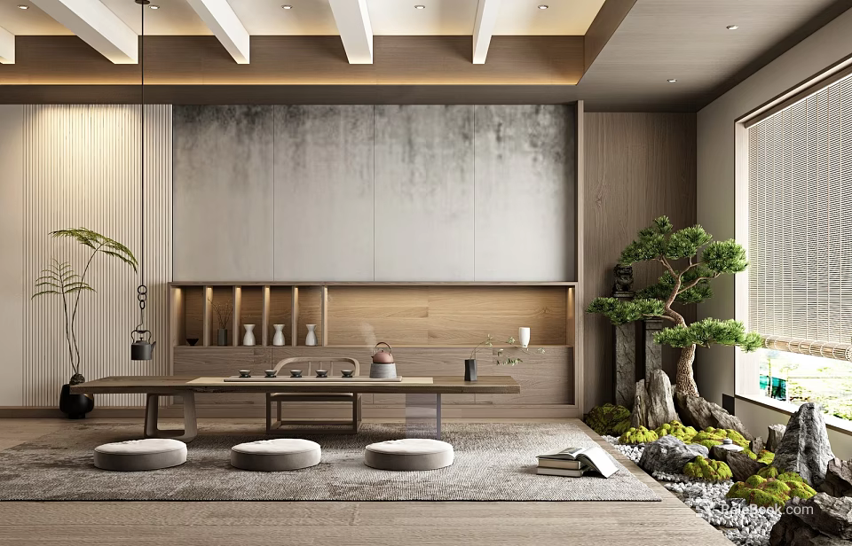 Modern Tea Room Interior Design With Wooden Shelves Bonsai Tree Round Cushions And Stone Path 3d model 