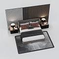 Modern Double Bed Interior With Striped Headboard Wall Nightstands Table Lamps And Patterned Rug 3d model
