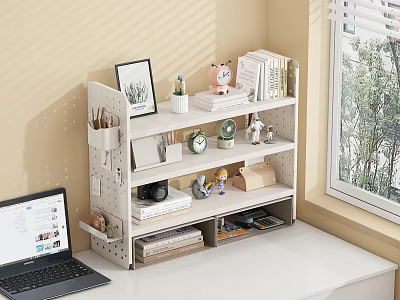 White Storage Shelf For Desk Organization With Books Decorative Items And Stationery Near Window 3d model