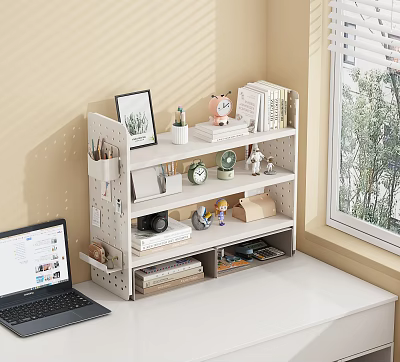 White Storage Shelf For Desk Organization With Books Decorative Items And Stationery Near Window 3d model