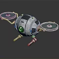 Mechanical Robot Character With Spherical Metallic Body Propellers Legs And Red Accents