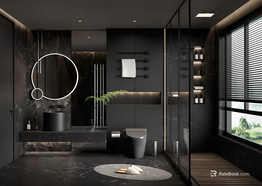 Modern Luxury Bathroom Interior With Black Marble Round Mirror Glass Shower Wooden Floor And Greenery 3d model 