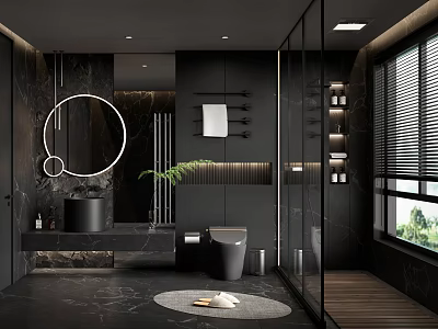 Modern Luxury Bathroom Interior With Black Marble Round Mirror Glass Shower Wooden Floor And Greenery 3d model