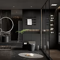 Modern Luxury Bathroom Interior With Black Marble Round Mirror Glass Shower Wooden Floor And Greenery