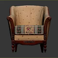 Vintage Style Armchair With Peach Upholstery Wooden Arms And Floral Striped Seat Cushion