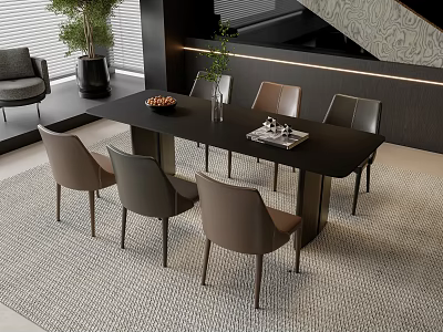 Modern Dining Table And Fabric Chairs In Contemporary Living Room With Rug 3d model