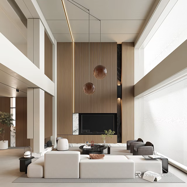 Modern Living Room Interior With High Ceiling Wooden Wall TV Backdrop And Copper Pendant Lights 3d model 