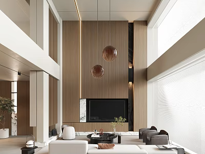 Modern Living Room Interior With High Ceiling Wooden Wall TV Backdrop And Copper Pendant Lights 3d model
