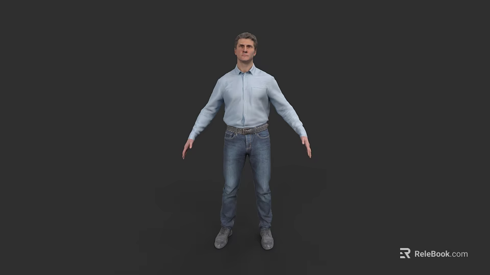 Man in Light Blue Shirt and Jeans Standing Against Dark Background 3d model 