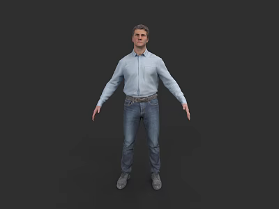 Man in Light Blue Shirt and Jeans Standing Against Dark Background 3d model