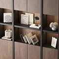 Modern Wooden Bookcase With Layered Shelves Books And Decorative Sculptures