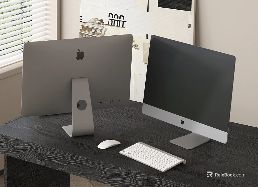 Two Apple Silver And Black Monitors On Desk With White Mouse And Keyboard 3d model 