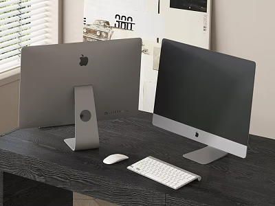 Two Apple Silver And Black Monitors On Desk With White Mouse And Keyboard 3d model