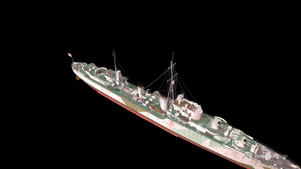 Green And White Warship 3D Model With Multiple Masts And Deck Equipment 3d model