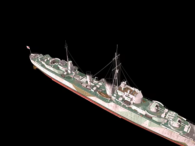 Green And White Warship 3D Model With Multiple Masts And Deck Equipment 3d model